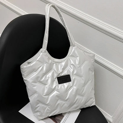 Women Solid Puffer Bag Versatile Quilted Shoulder Bag Big Capacity Down Tote Handbags Casual Winter Shopper Bag