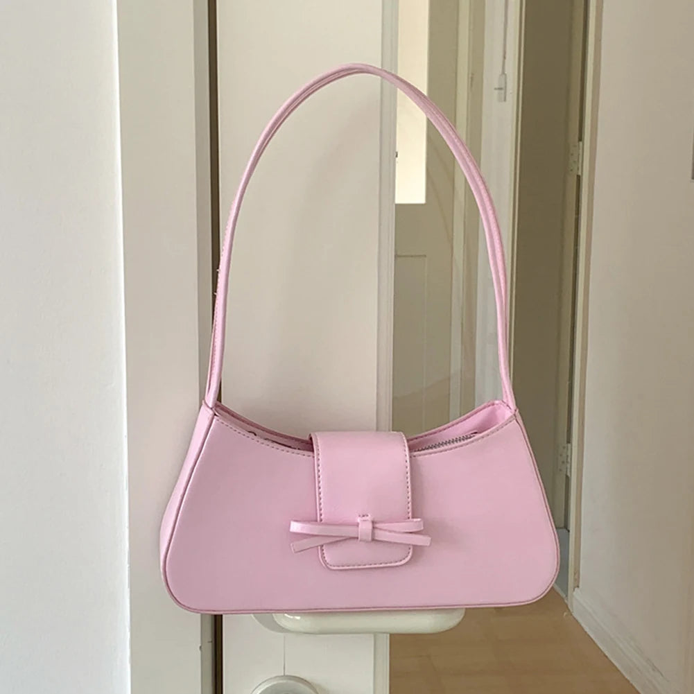 Sweet Bow Shoulder Bag with Zipper Closure Fashion Handbag Retro Everyday Purse Trendy Underarm Bag for Women and Girls
