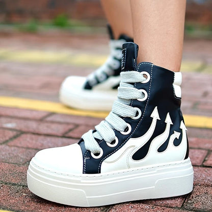 Women's High Top Flame Sports Shoes Wide Lace Up Casual Sneakers For Woman Flat Platform Ladies Embroider Sneakers Girls Tennis