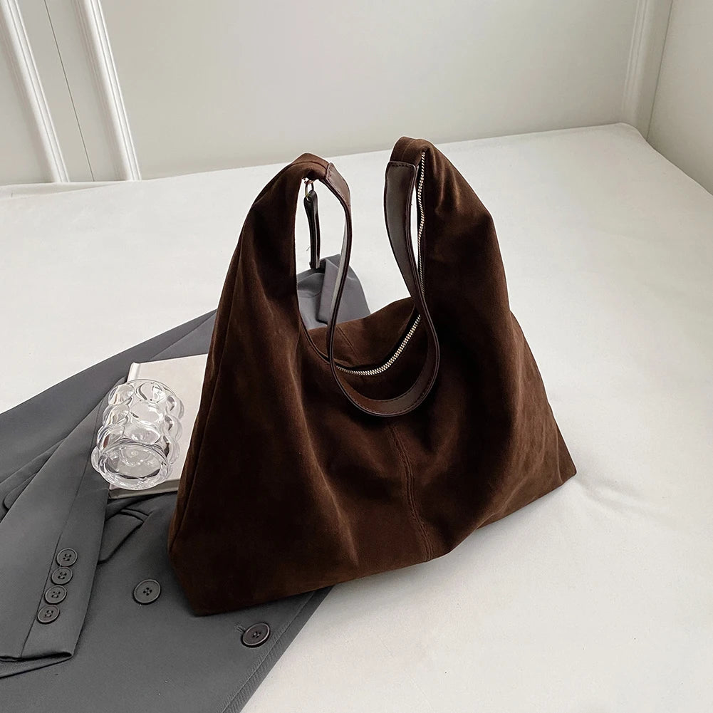 Women Suede Shoulder Bag with Zipper Hobo Bag Large Capacity Underarm Bag Solid Slouchy Bag Commuter Travel Bag