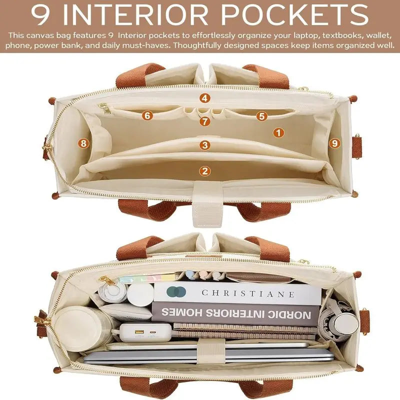 Canvas Tote Bag for Women, 15-Pocket Large Crossbody Handbag Bible Laptop Bag Zipper Bookbag for Teacher Work Travel College