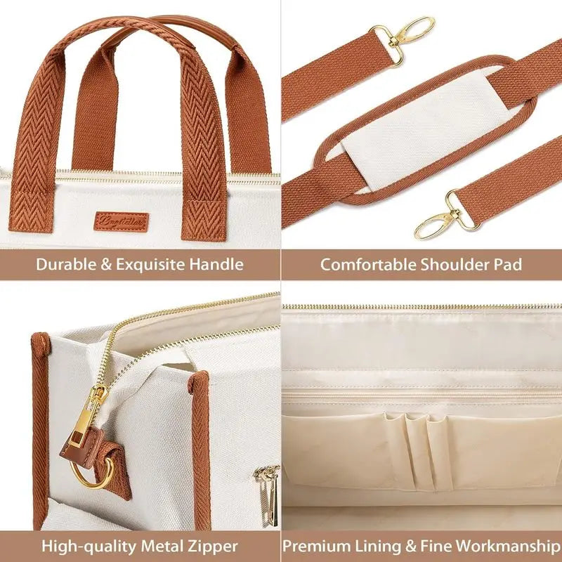 Canvas Tote Bag for Women, 15-Pocket Large Crossbody Handbag Bible Laptop Bag Zipper Bookbag for Teacher Work Travel College