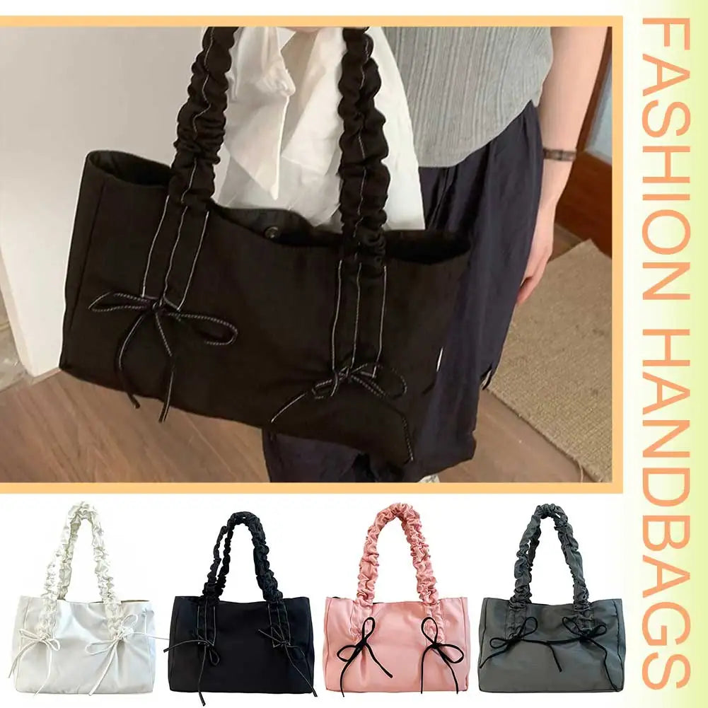 Women Nylon Tote Bag Fashion Shoulder Bag Solid Color with Bow Stylish Crossbody Bag Pleated Shoulder Strap Daily Sling Bag