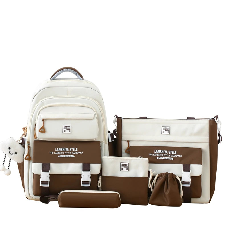 5pcs solid color backpack set, large capacity backpack, simple handbag and coin purse, casual crossbody bag, pencil case handbag