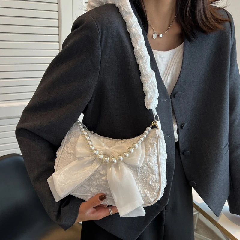 White Pleated Pearl Female Bag Vintage Luxury Designer Handbag Cute Bow Shoulder Bag Fashion Y2K Vintage Women's Purse Versatile