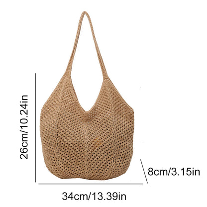 Retro Hand Knitted Shoulder Bag Fashion Women's Hollow Woven Handbag Large Capacity Solid Crochet Tote Bag Summer Mesh Beach Bag