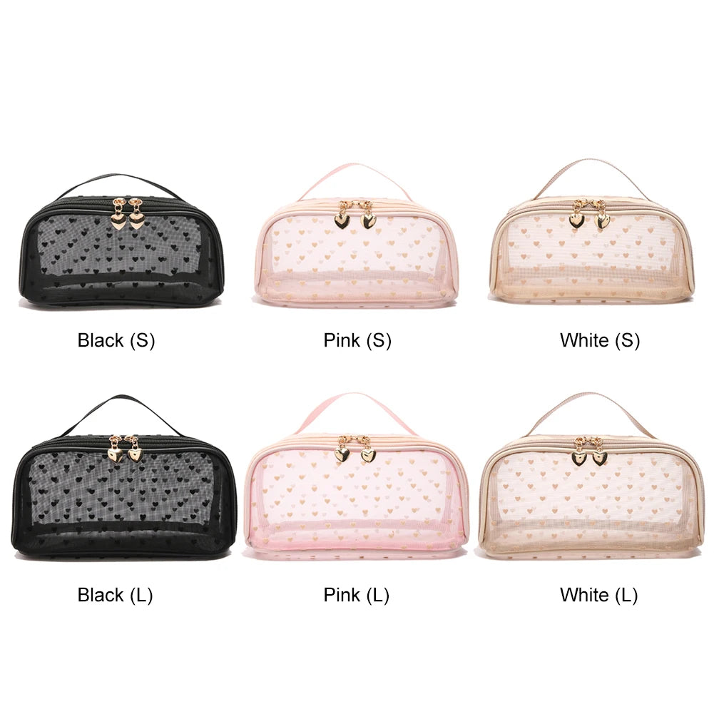 Heart Print Mesh Makeup Bags Zipper Women Mesh Cosmetic Bags Makeup Pouches Bags Items Storage Bags Travel Cosmetic Accessories