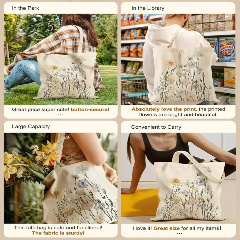 Aesthetic Tote Bag for Girls - with Magnetic Buckle and Zipper Inner Pocket for Women Lady Canvas Cotton Tote Bag