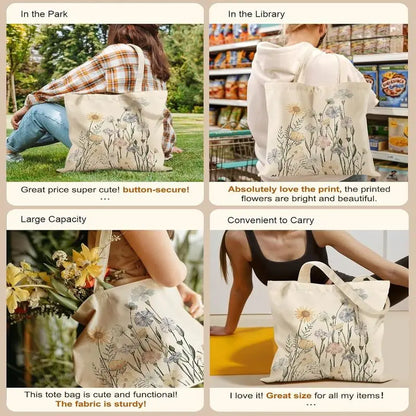 Aesthetic Tote Bag for Girls - with Magnetic Buckle and Zipper Inner Pocket for Women Lady Canvas Cotton Tote Bag