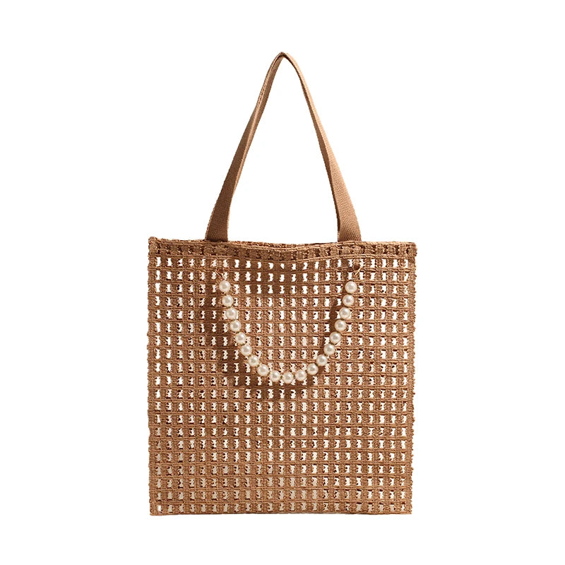 Crochet Tote Bag for Women Mesh Knit Shoulder Bag Large Capacity Woven Bag Solid Color for Travel Vacation