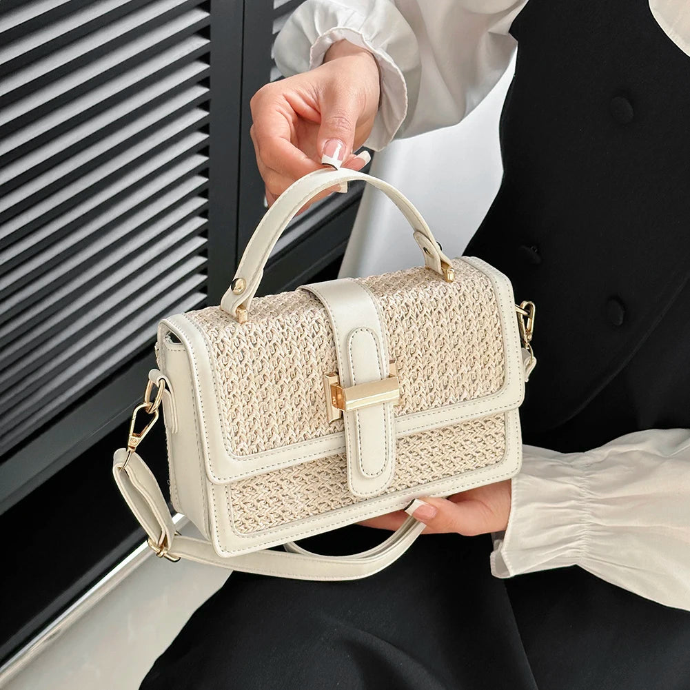 PU Leather Straw Crossbody Bag Flap Shoulder Bag with Adjustable Strap Holiday Travel Handbag Chic Satchel Purse for Women