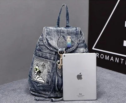 New in Fashion Denim Women Casual Backpack Large Capacity Jeans Shoulder Bag with Diamond Dec Female Backpacks