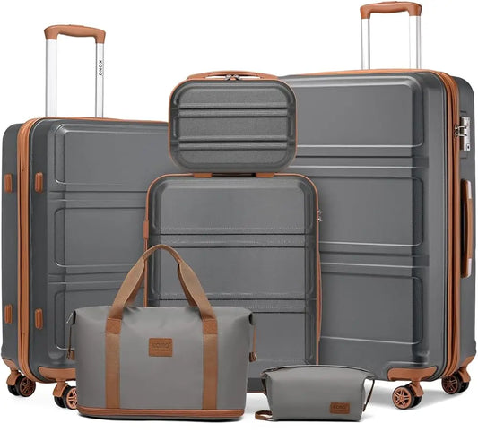 Kono 6-Pc Luggage Set - Lightweight ABS Hardshell with TSA Lock, 20/24/28" Suitcases + Beauty Case & Duffel