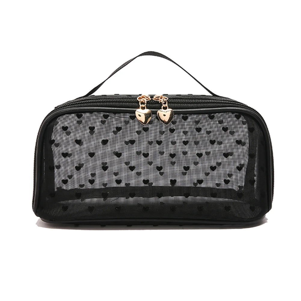 Heart Print Mesh Makeup Bags Zipper Women Mesh Cosmetic Bags Makeup Pouches Bags Items Storage Bags Travel Cosmetic Accessories
