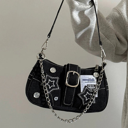 Women Casual Clutch Handbag Large Capacity Y2K Star Denim Underarm Bag Fashion Shoulder Bag Solid Color Chic Hobo Chain Bag
