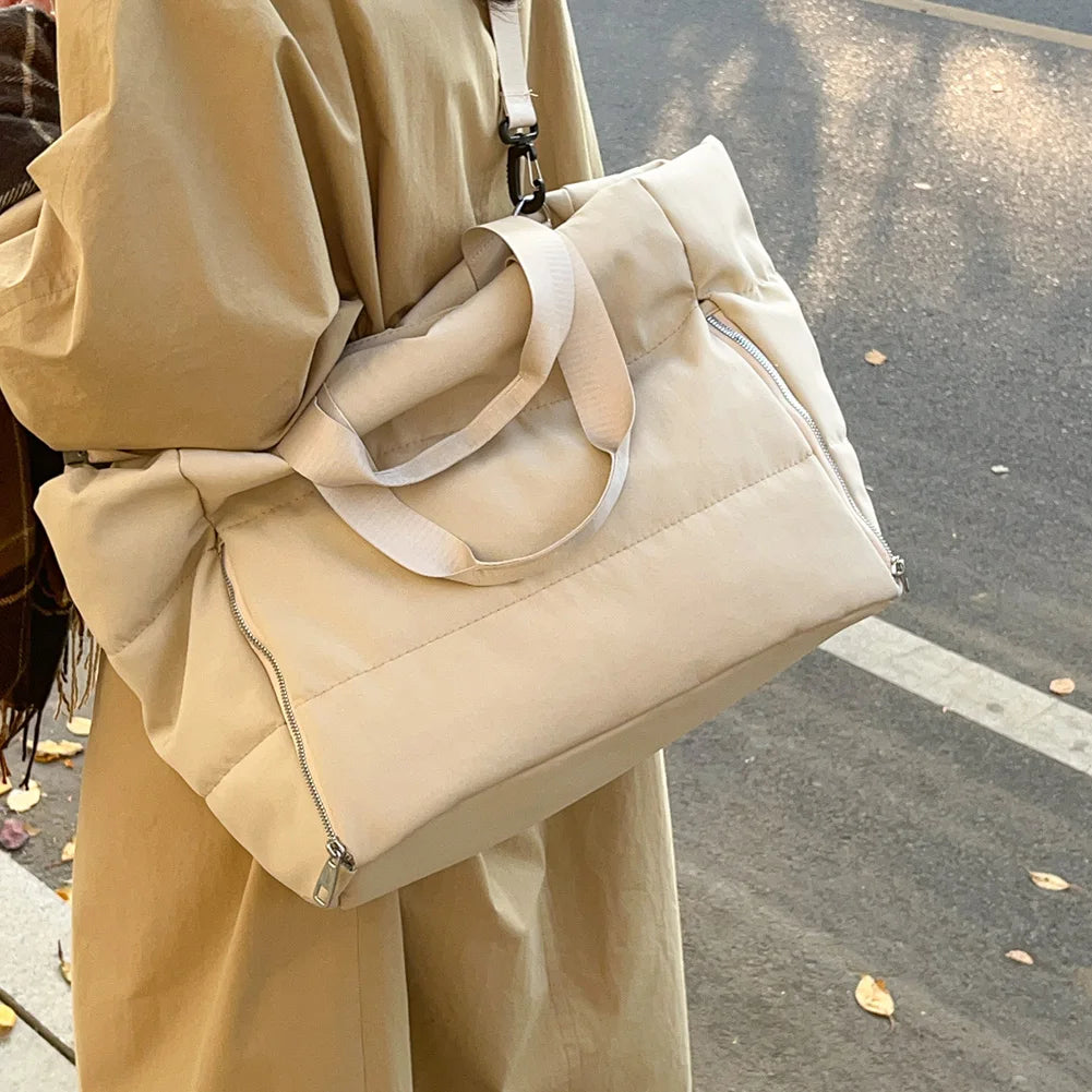 Women Quilted Shoulder Bag Large Capacity Puffer Tote Handbag Solid Color Casual Padded Bag Ladies Commute Bag