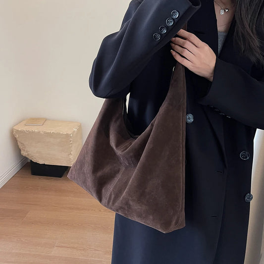 Women Suede Shoulder Bag with Zipper Hobo Bag Large Capacity Underarm Bag Solid Slouchy Bag Commuter Travel Bag