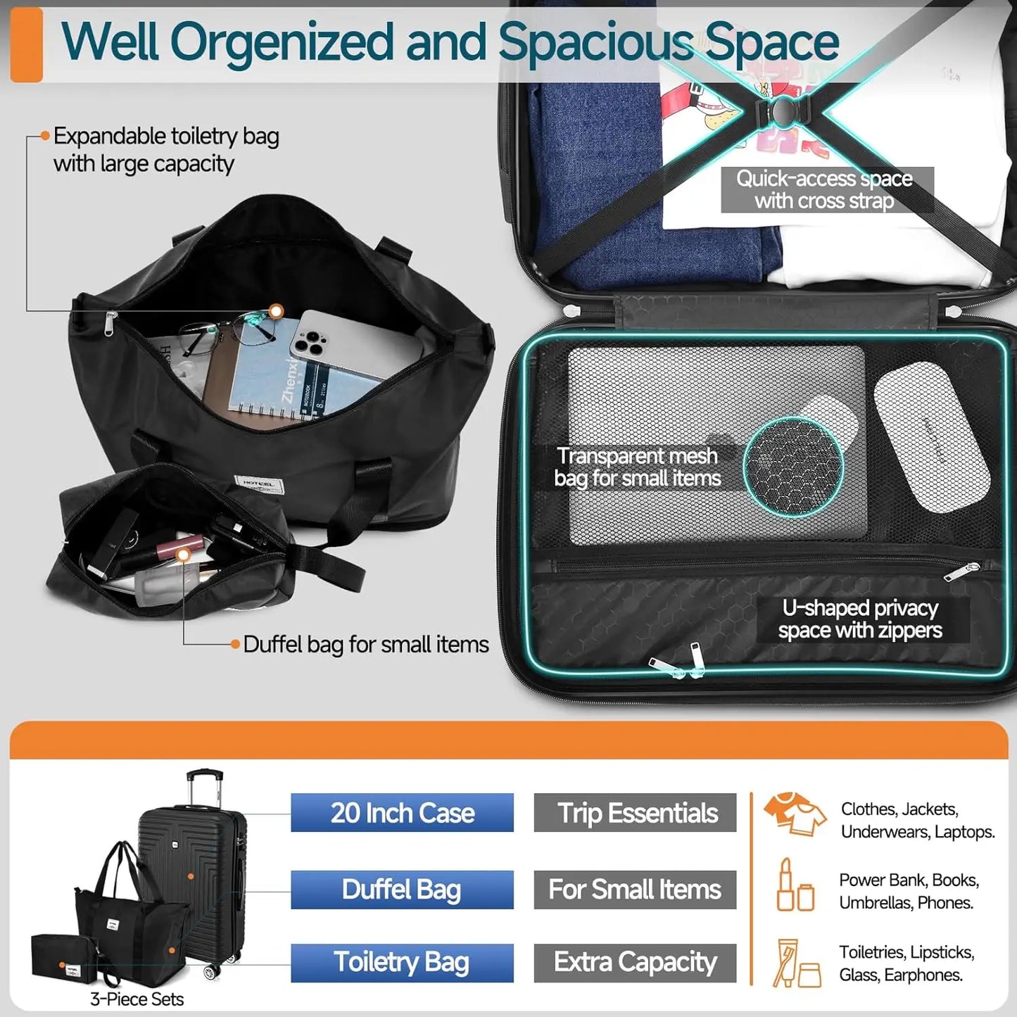 HOTEEL Premium 3-Piece Luggage Collection, ABS+PC Hardshell Suitcase with TSA Lock & Matching Travel Bags