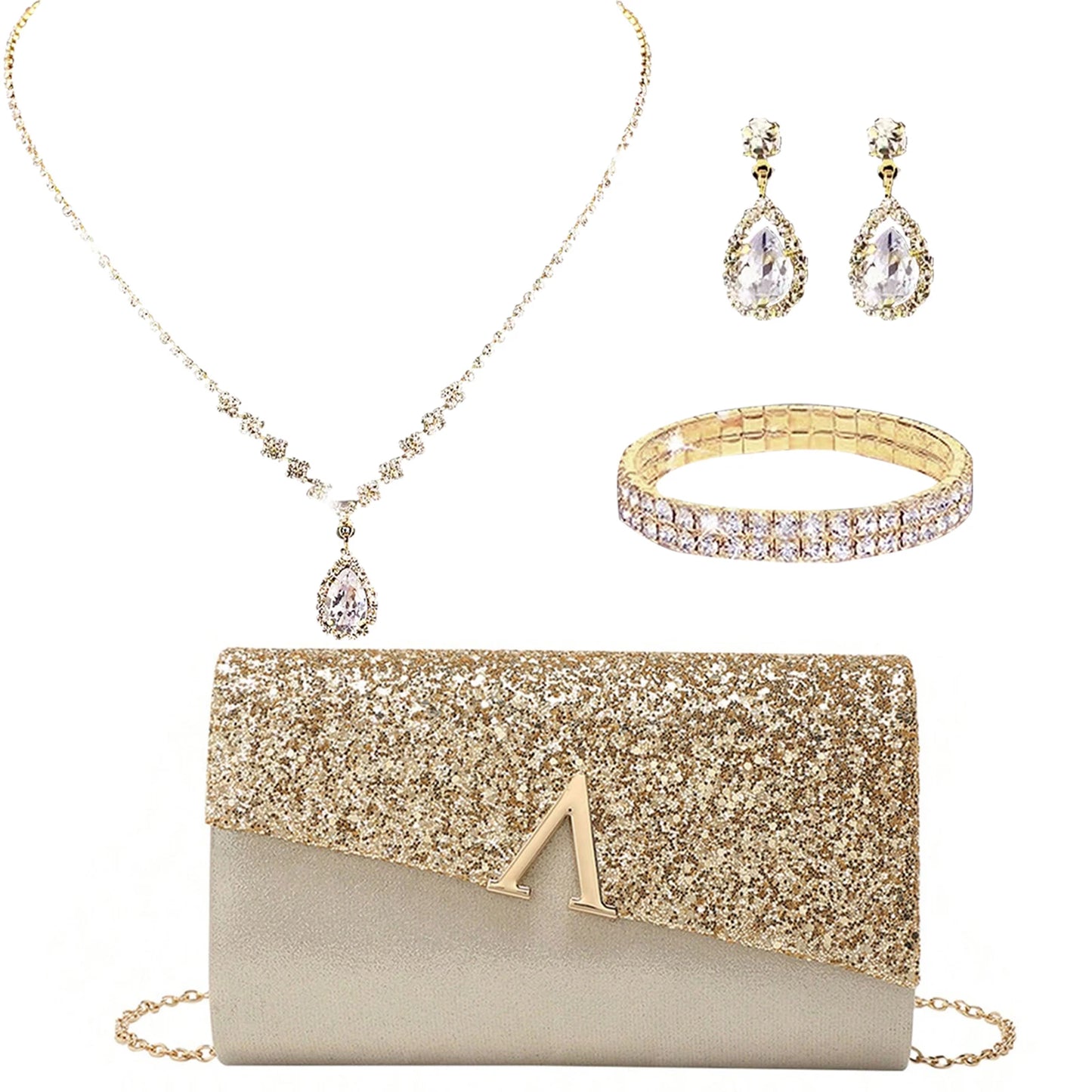 Evening Banquet Handbag Women Elegant Sparkly Flap Clutch Bag With Necklace, Earrings ,Bracelet 4Pcs Set Shoulder Wedding Purse
