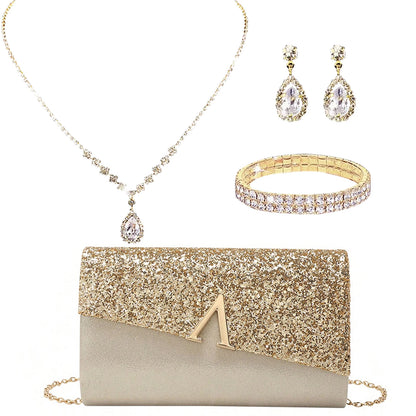 Evening Banquet Handbag Women Elegant Sparkly Flap Clutch Bag With Necklace, Earrings ,Bracelet 4Pcs Set Shoulder Wedding Purse