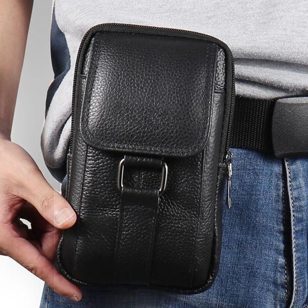 Portable Belt Pouch Purse Cowhide Leather Fanny Pack Waist Bag Fashion Simple Multi-pockets Casual for Outdoor Sport