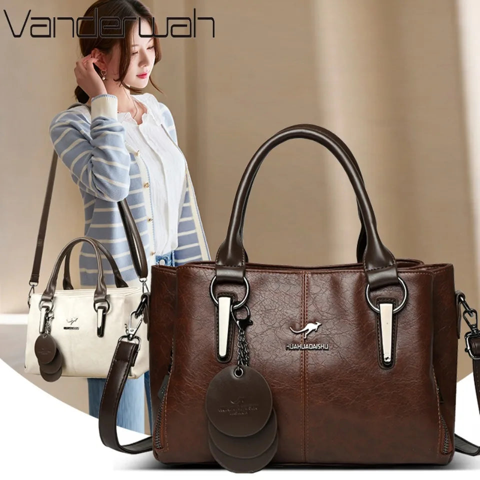 Retro Three Layers High Quality Leather Shoulder Crossbody Hand Bags for Women Vintage Casual Totes Designer Handbag Sac A Main