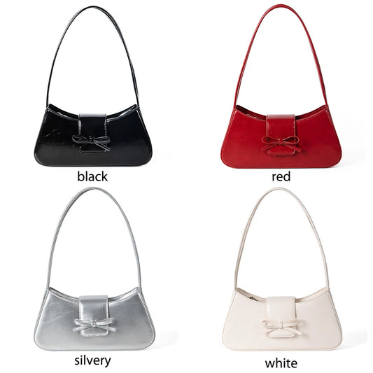 Sweet Bow Shoulder Bag with Zipper Closure Fashion Handbag Retro Everyday Purse Trendy Underarm Bag for Women and Girls