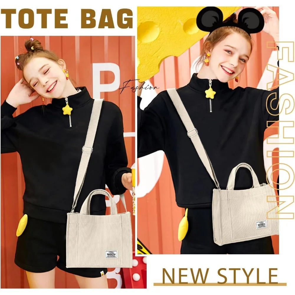 Corduroy Tote Bag for Women Small Satchel Bag Mini Tote Bag Aesthetic Crossbody Handbag - School Work Travel Shopping