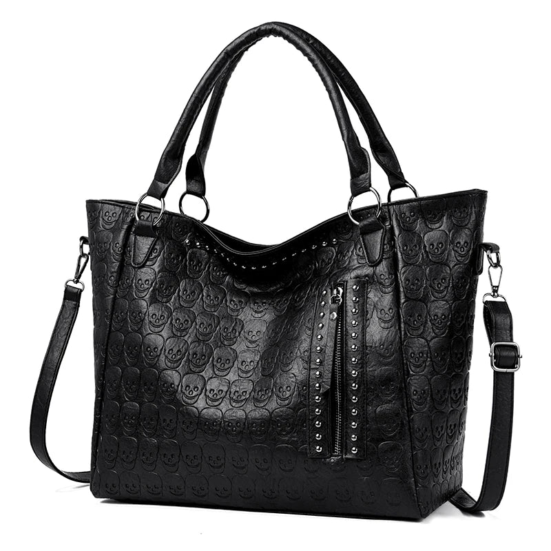 Punk Skull Shoulder Bag PU Leather Studded Fashion Handbag Large Capacity Satchel Purse for Women Work Shopping