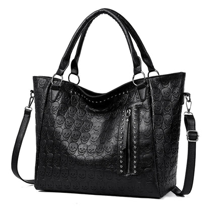 Punk Skull Shoulder Bag PU Leather Studded Fashion Handbag Large Capacity Satchel Purse for Women Work Shopping