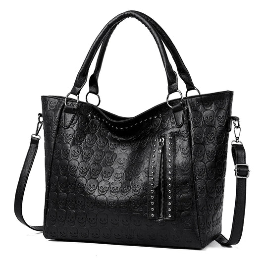 Punk Skull Shoulder Bag PU Leather Studded Fashion Handbag Large Capacity Satchel Purse for Women Work Shopping