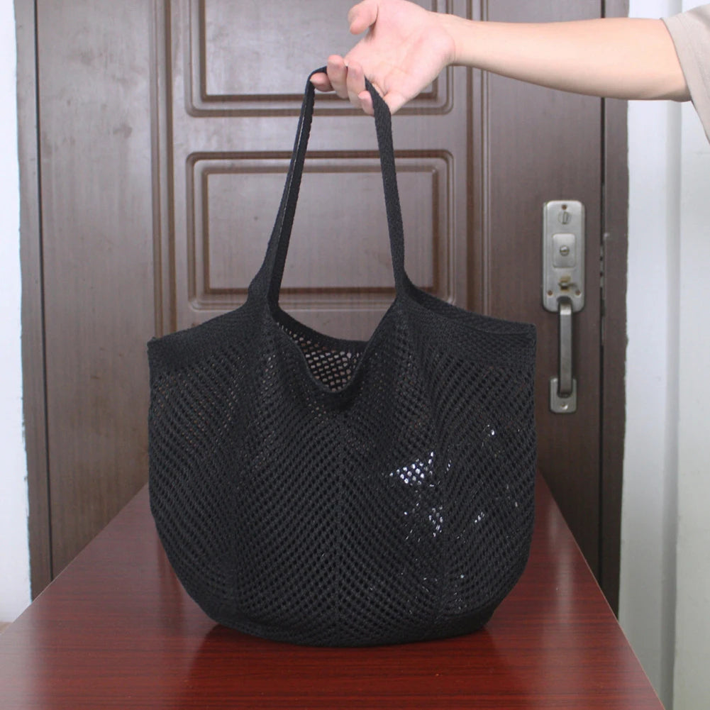 Women Aesthetic Shoulder Bag Solid Color Knitted Tote Handbag Large Capacity Knitting Shopping Handbag Female Outdoor Bag