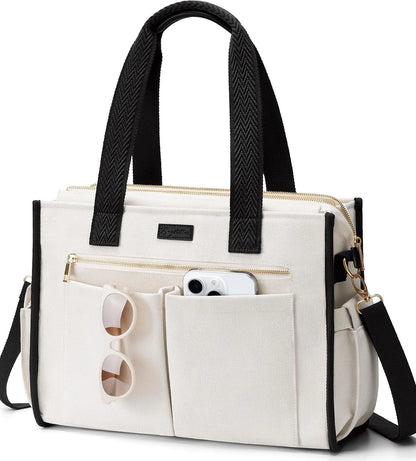 Canvas Tote Bag for Women, 15-Pocket Large Crossbody Handbag Bible Laptop Bag Zipper Bookbag for Teacher Work Travel College