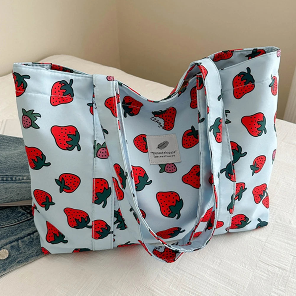 Cute Cherry Strawberry Print Casual Tote Bag Large Capacity Shoulder Purse Nylon Top Handle Bag Grocery Bag for Women