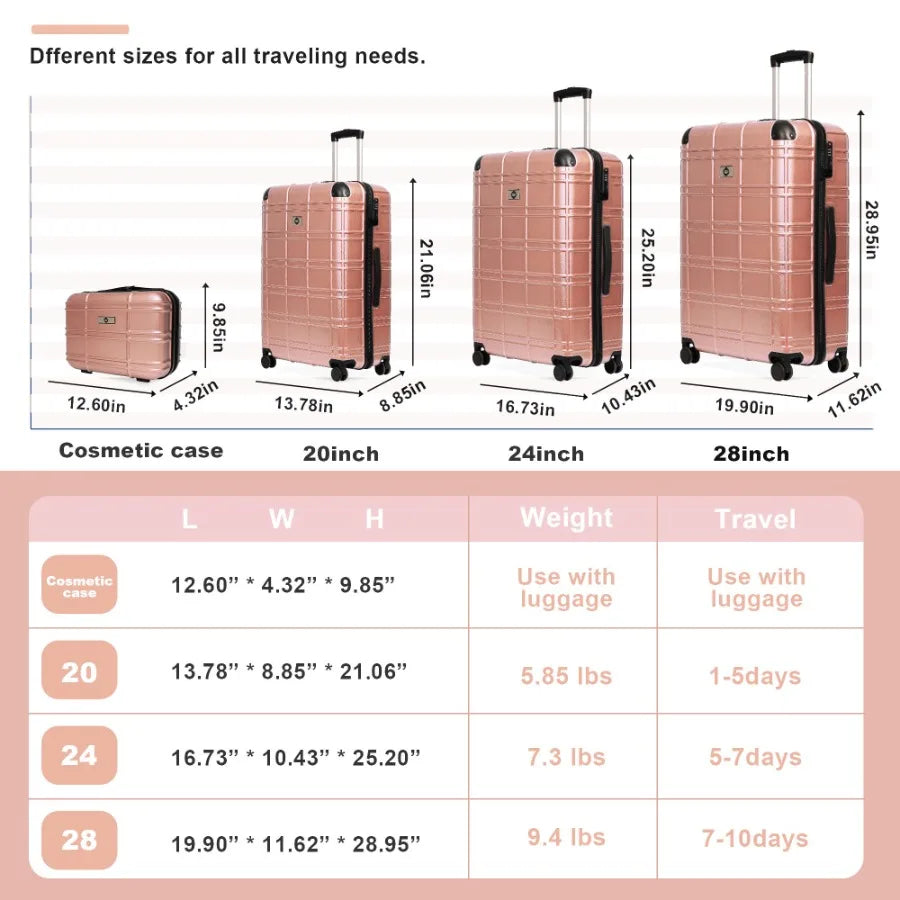 Luggage Sets ABS+PC Hardshell 4pcs Luggage Hardside Lightweight Durable Suitcase sets Spinner Wheels Suitcase with TSA Lock 12