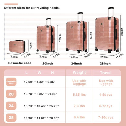 Luggage Sets ABS+PC Hardshell 4pcs Luggage Hardside Lightweight Durable Suitcase sets Spinner Wheels Suitcase with TSA Lock 12