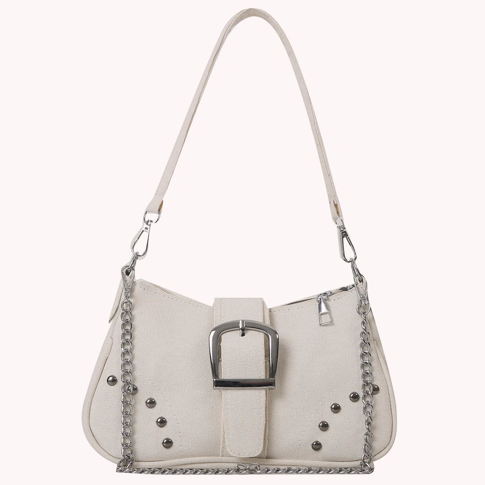 Women Vintage Rivet Bag Y2K Fashion Underarm Bag Canvas Casual Armpit Bag Zipper Closure Versatile Dating Bag