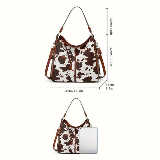 2PC Set Purses Tote Bag For Women, Handbags PU Leather Large Shoulder Bag,  Cow Pattern Work Bags With Multi-Pockets
