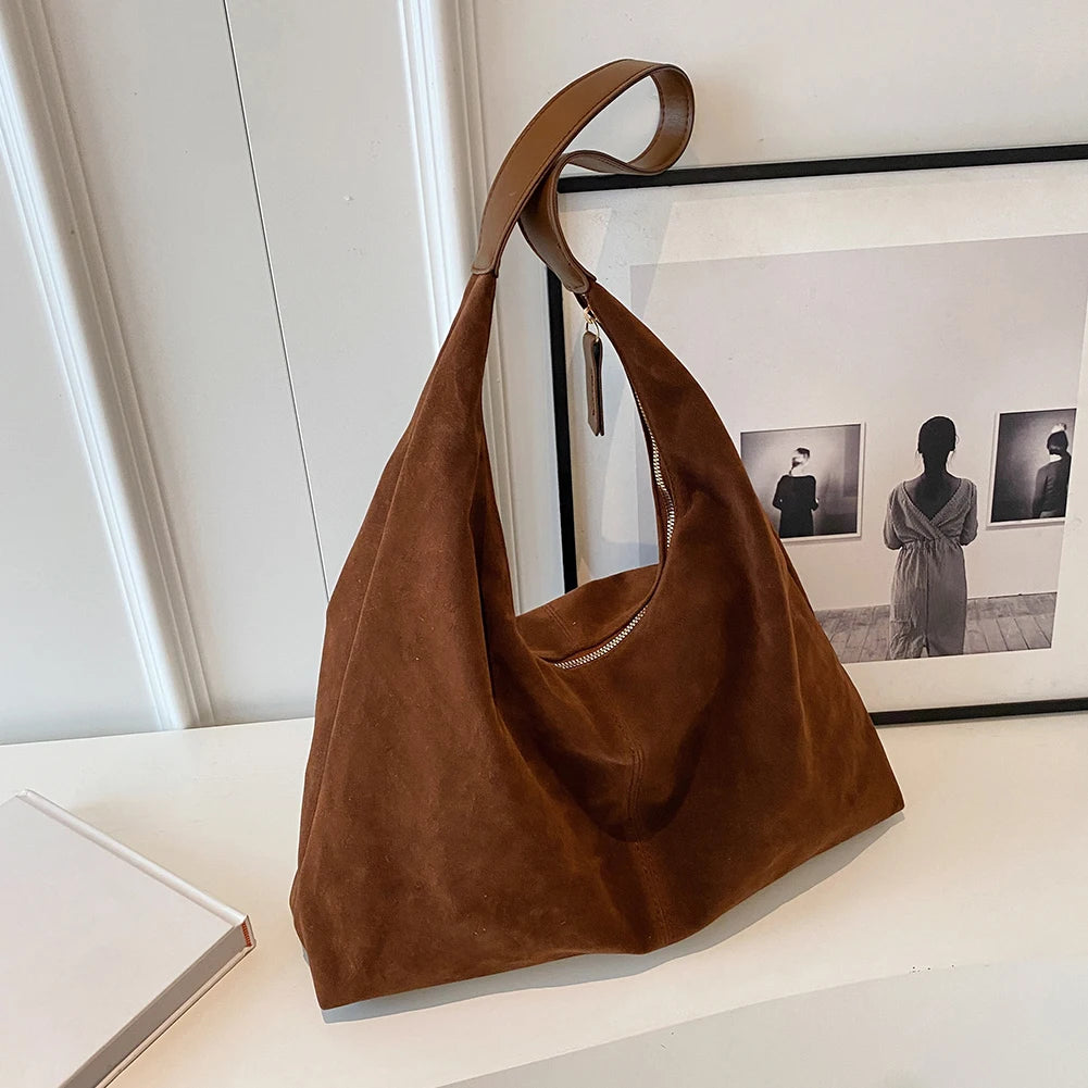 Women Suede Tote Bag with Zipper Shoulder Bag Large Capacity Hobo Bag Solid Slouchy Bag Commuter Travel Bag