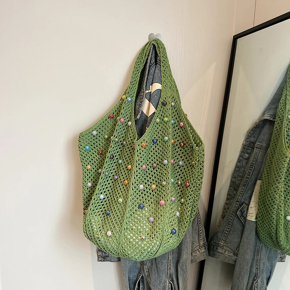 Women Boho Crochet Bag with Colored Beads Aesthetic Knit Bag Large Capacity Knitted Tote Handbag Ladies Daily Handbag