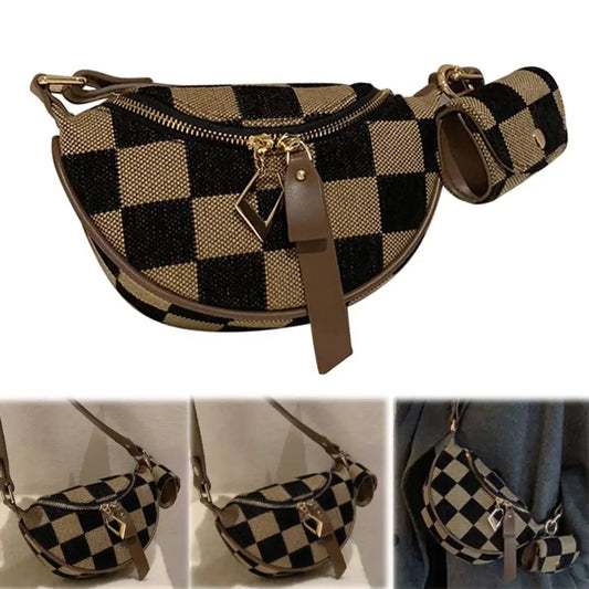 Women Men Canvas Shoulder Bag Adjustable Strap Fanny Pack Checkerboard Sling Bag with Zipper Chest Bag for Shopping Travel