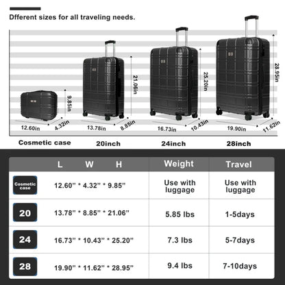 Luggage Sets ABS+PC Hardshell 4pcs Luggage Hardside Lightweight Durable Suitcase sets Spinner Wheels Suitcase with TSA Lock 12