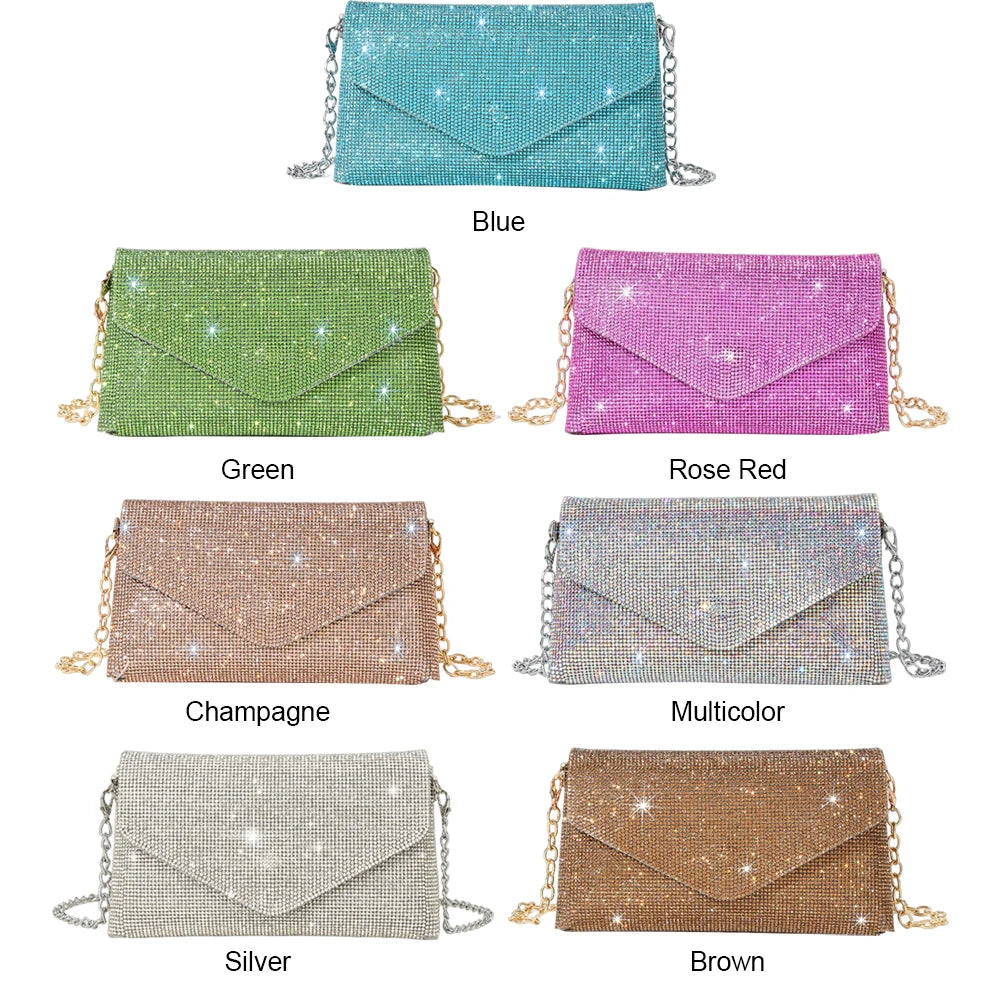 Chain Evening Clutch Bag Rhinestone Prom Shoulder Bag Elegant Gorgeous Exquisite Fashion Embellished Banquet Crossbody Pack