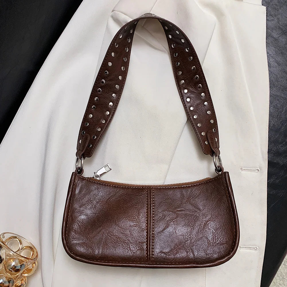 Women Underarm Satchel Bag Studded Decor Crossbody Bag Fashion PU Leather Retro Shoulder Bags Adjustable Strap Daily Handbag
