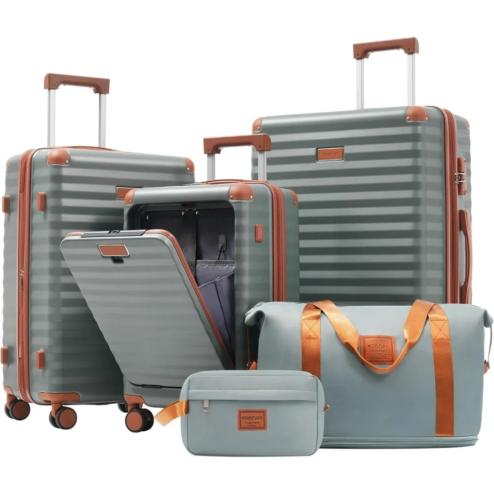Merax Luggage Sets 5 Piece,Front Open Hardshell Expandable Suitcase with Spinner Wheels and Duffel Bags,Lightweight Carry on Lug