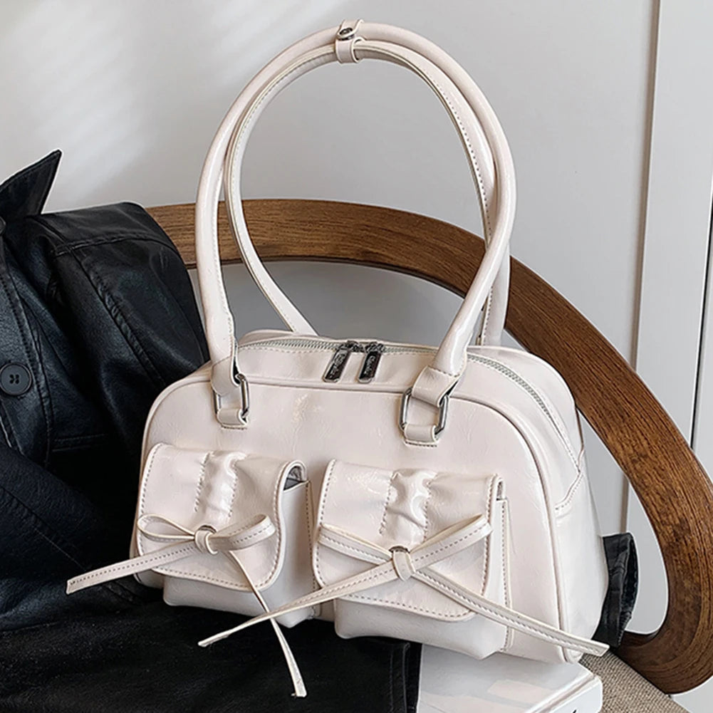 Women Trendy Handbags Double Pockets PU Leather Stylish Underarm Bag with Bow Casual Armpit Bag Solid Color for Travel Vacation