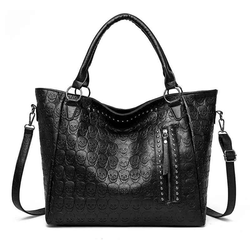 Punk Skull Shoulder Bag PU Leather Studded Fashion Handbag Large Capacity Satchel Purse for Women Work Shopping