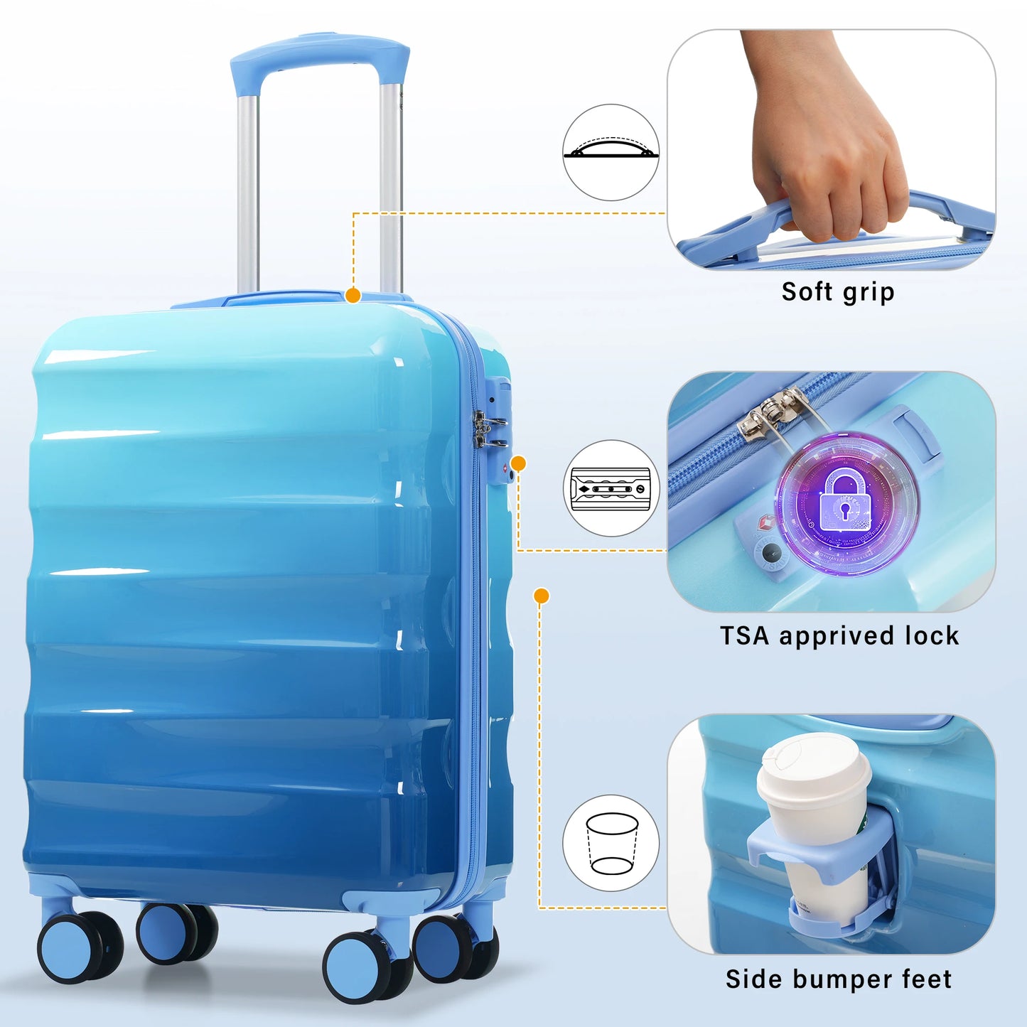 2 Piece Set 20" Carry-on Luggage & Bag with Cup Holder Lightweight Glossy Hardshell Suitcases with Spinner Wheels TSA Lock