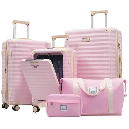 Luggage Sets 5 Piece with Front Opening , Hardside Expandable Carry on Suitcase with Spinner Wheels TSA Lock USB Port Cup Holder