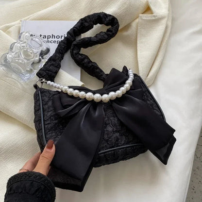 White Pleated Pearl Female Bag Vintage Luxury Designer Handbag Cute Bow Shoulder Bag Fashion Y2K Vintage Women's Purse Versatile